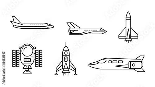 Aerospace Vehicles: Set of meticulously crafted line art depicting a variety of aircraft and spacecraft, perfect for representing modern technology and transport.