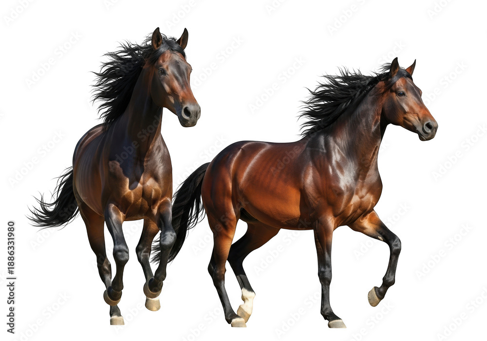 Obraz premium Two majestic brown horses running together in perfect harmony, showcasing their strength and agility, isolated on transparent background