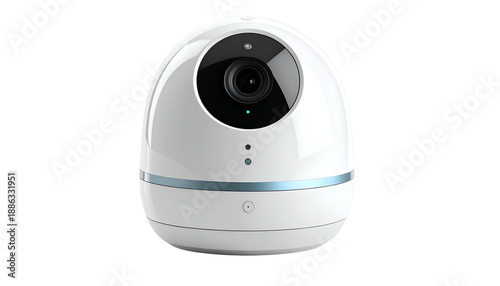 Sleek white security camera with a spherical design, glossy finish, and dark camera lens