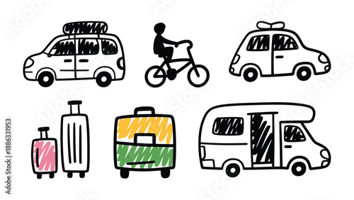 Travel Sketches: A collection of charming hand-drawn travel-related sketches, showcasing various modes of transportation and travel essentials.