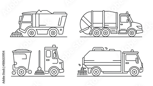 Urban Sanitation Machines: An illustrative overview showcases the essential vehicles responsible for keeping our cities clean and functional. Featuring a street sweeper, refuse truck, garbage truck.