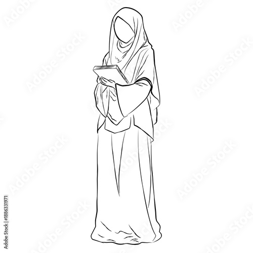 syar’i Muslim woman, khimar hijab covering chest, long loose modest outfit,  clean line art
