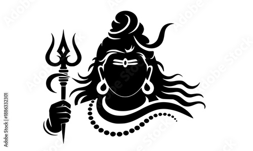 Divine Silhouette of Lord Shiva with Trishul and Prayer Mala, Spiritual Hindu Deity Mahadev Illustration for Maha Shivratri, Shravan, and Religious Devotional Graphic Designs, Isolated Vector Art