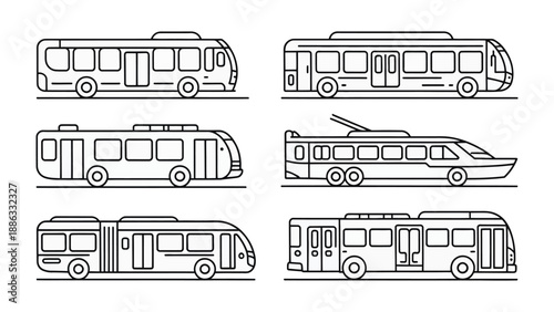 City Transit Collection: This image captures a variety of city buses, showcasing their unique designs and features in sleek, detailed illustrations. These bus represent the future of urban transport.