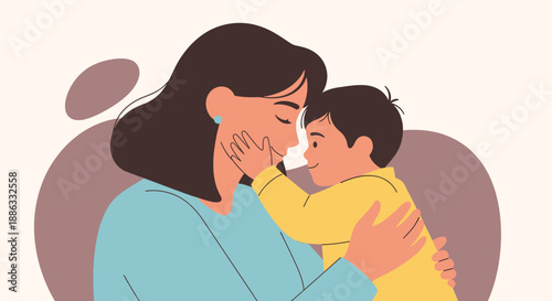 A tender moment mother lovingly cradling and kissing her young child