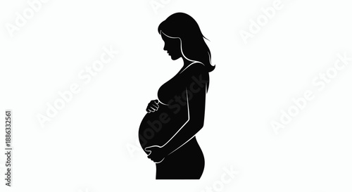 Silhouette of a pregnant woman in profile against a white background