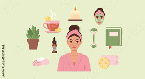 A serene self care scene with a woman tea and wellness items