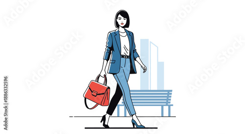 A stylish woman walking with a red handbag in a city setting