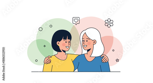 Two women sharing a moment of connection and support illustrated in a minimalist style