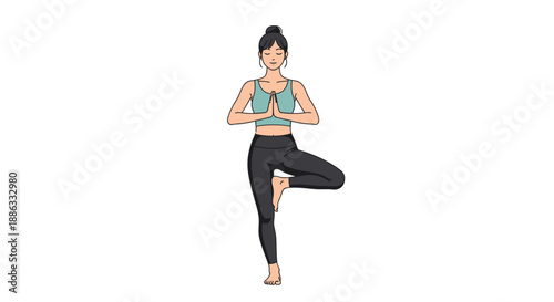 Woman performing tree pose yoga demonstrating balance and mindful wellness