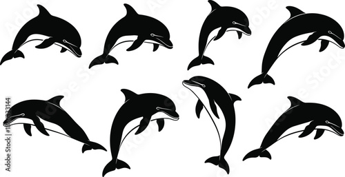 Black dolphin silhouette collection showing jumping, swimming and playful marine mammal poses isolated on white background vector illustration set