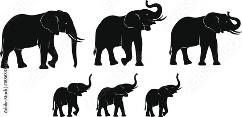 Black elephant silhouette collection showing adult and baby elephants walking and raising trunks isolated on white background vector illustration set