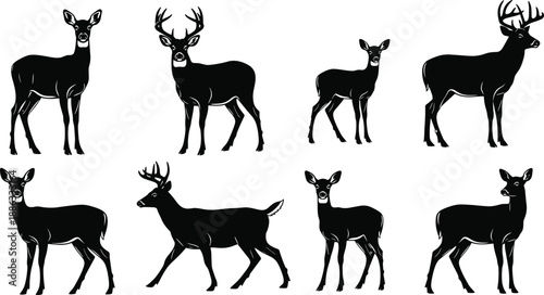 Black deer silhouette collection featuring buck and doe wildlife poses isolated on white background vector illustration set