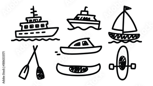 Nautical Doodle Collection: A hand-drawn ensemble of various vessels, inviting viewers on an ocean adventure.