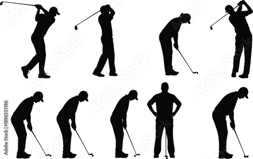 Black golf player silhouette collection showing swing, putting and stance poses isolated on white background vector illustration set