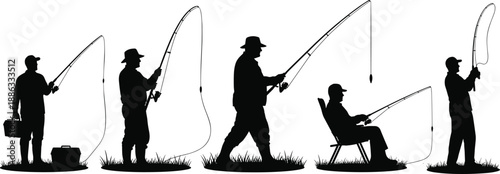 Collection of Professional Fisherman Silhouettes in Various Poses Featuring Anglers Casting Rods Sitting in Chairs and Holding Tackle Boxes for Outdoor Hobby Vector Design
