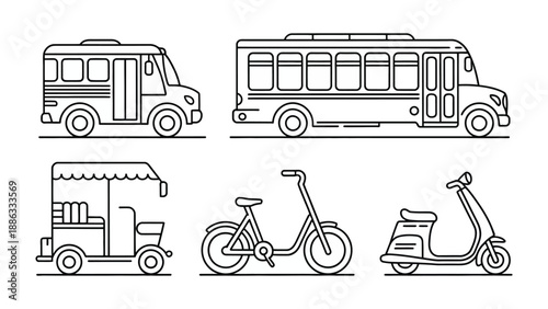 Urban Transportation Ensemble: A stylized collection of various modes of urban transport, each depicted with clean lines and a sense of efficient movement, suggesting the dynamic flow of city life.