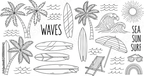 Hand drawn beach set with palm trees surfboards ocean waves sun umbrella deck chair and rainbow cad drawing flat vector illustration