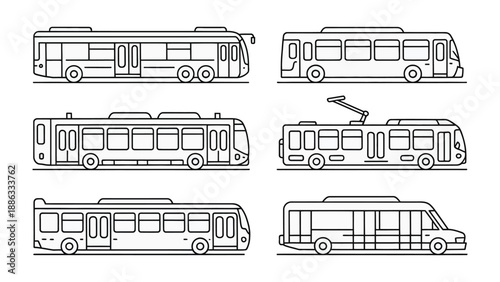 Public Transport Variety: A sleek, linear illustration presents a comprehensive collection of public transport buses. Each one showcases a unique design and purpose. Capturing the diverse fleet
