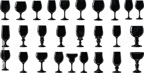 Large collection of black drink glass silhouettes and elegant stemware vectors isolated on white background for restaurant menu bar catalog and celebration party design