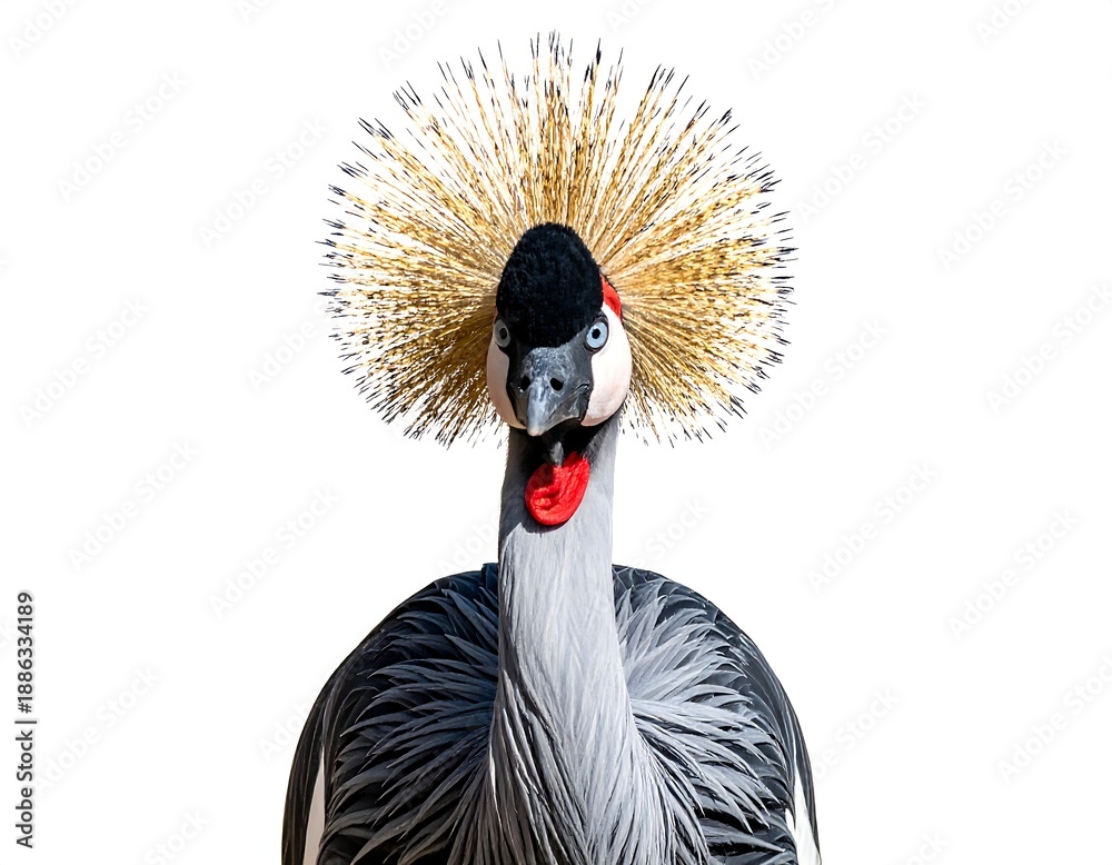Obraz premium Elegant Grey Crowned Crane Portrait on White Background.