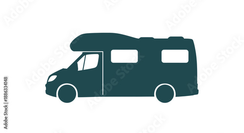 A dark blue silhouette of a recreational vehicle showcasing its side profile