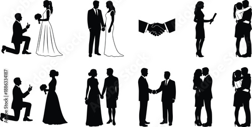 Set of black silhouettes featuring wedding proposals, romantic couples, bride and groom, and business people shaking hands isolated on white background vector illustration.