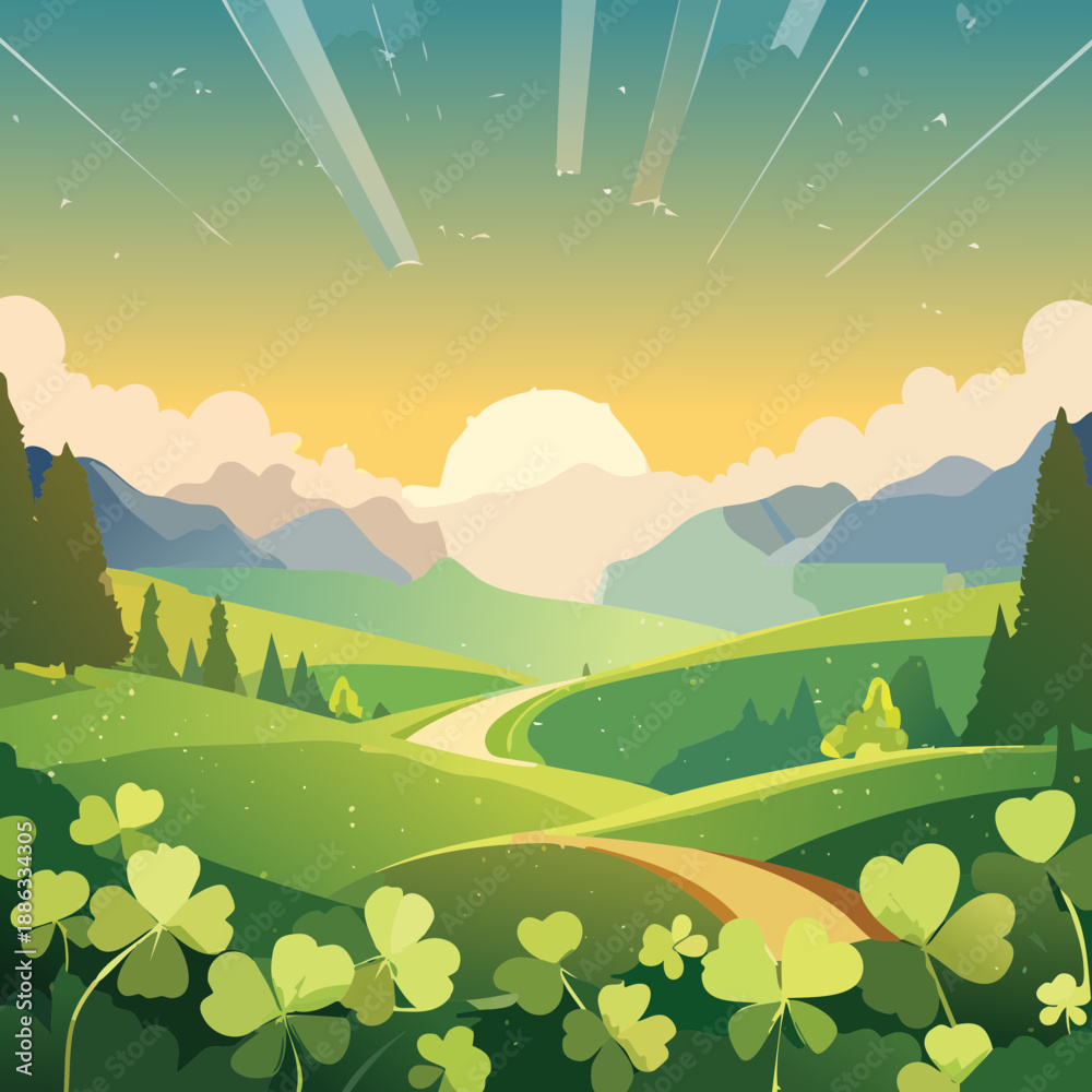 Obraz premium St. Patrick’s Day Clover Sunrise Landscape Illustration – Golden Irish Hills Vector Design