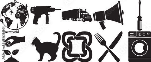 Collection of black silhouettes representing various concepts and objects on a white background.