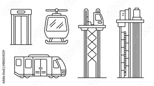 Urban Transport Icons: A set of minimalistic icons representing various modes of city transportation, perfect for illustrating urban mobility and infrastructure. 