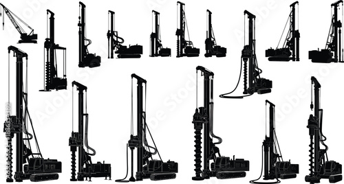 Set of heavy industrial drilling rig silhouettes and piling machine vectors isolated on white background for construction foundation engineering and deep well boring project designs