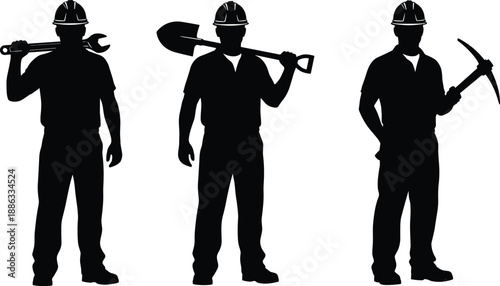 Set of Professional Construction Worker Silhouettes Wearing Hard Hats and Carrying Manual Tools Like Shovels Wrenches and Pickaxes for Industrial Labor and Building Site Design
