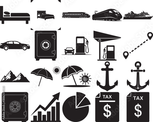 Collection of travel and finance icons including transportation and safety symbols