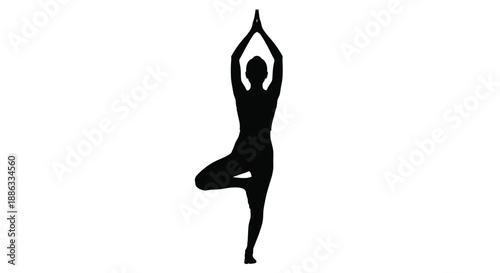 Silhouette of a person practicing tree pose yoga on a white background