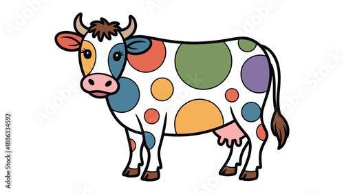 Playful Cow's Colorful Costume: This artwork features a playful cow adorned with vibrant, colorful spots. This imagery can capture the imagination and inject a dash of whimsy into your project.