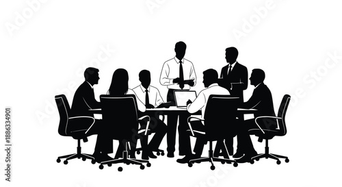 A business meeting in progress with several people around a table