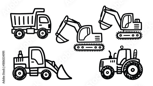 Construction Vehicles Illustrations: A collection of meticulously hand-drawn illustrations showcasing a variety of construction vehicles.