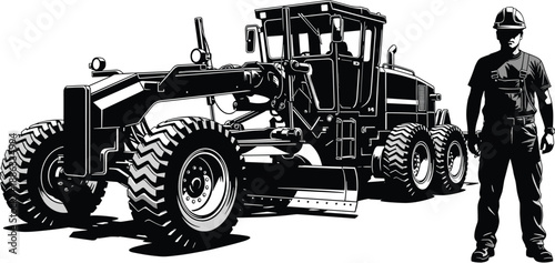 Black and white vector illustration of a heavy industrial motor grader with a construction worker in a hard hat isolated on white background