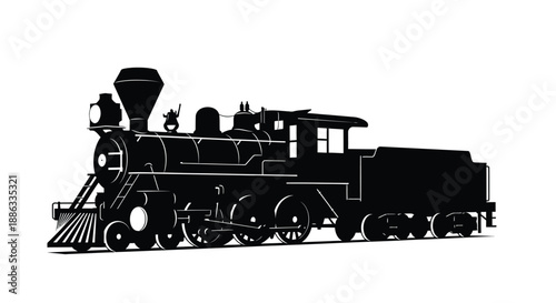 A vintage black silhouette of a classic steam locomotive on a white background