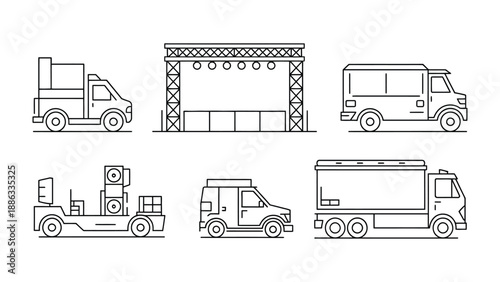 Line Art Vehicle Ensemble: A collection of various vehicles and stage, depicted in a clean, modern line art style, perfect for illustrating mobility, events, and industry.