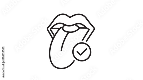 a black and white image of lips and tongue with a checkmark high quality professional detailed