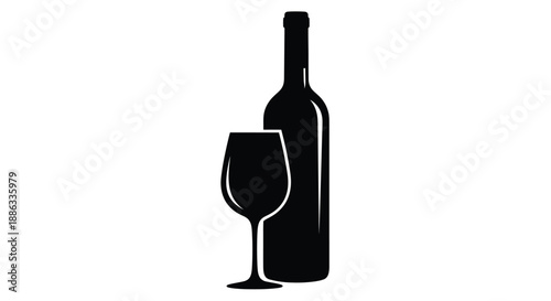 A simple black silhouette of a wine bottle and a wine glass