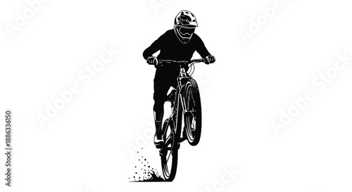 Silhouette of a mountain biker performing a wheelie on a white background