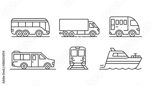 Transportation Icons: A collection of meticulously crafted outline icons showcasing various modes of transportation. 