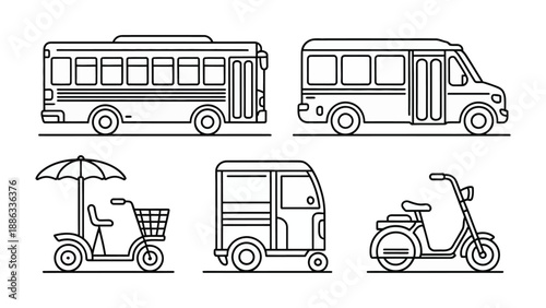 Variety of Transportation Illustrations: An array of diverse vehicles in detailed line art, each depicting unique modes of transport, ready to convey you from one destination to another.