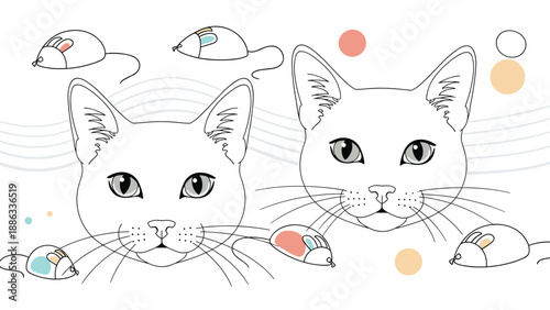 Artistic line art illustration of two cat heads surrounded by several small colorful toy mice on a clean white background.