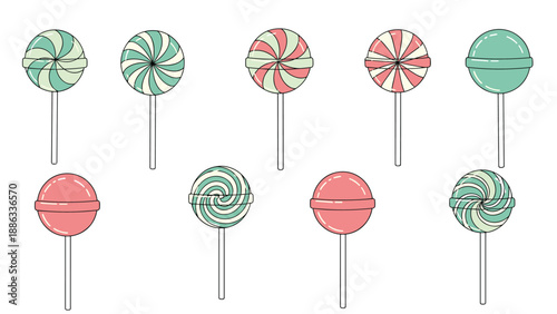 Collection of various colorful round lollipops with different graphic patterns like swirls and stripes on wooden sticks.