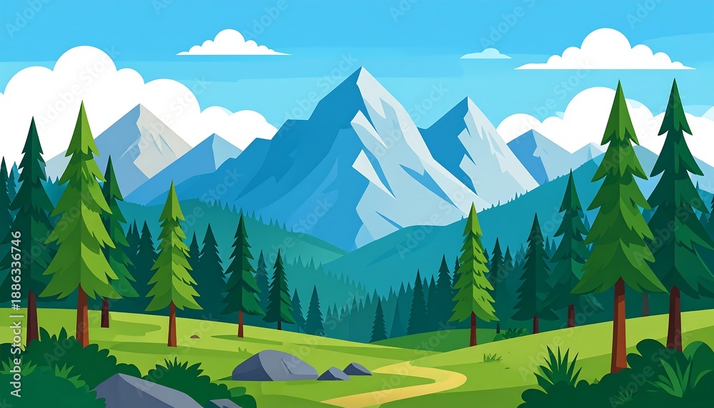 Fototapeta premium Scenic Mountain Landscape with Evergreen Trees and Clear Sky.