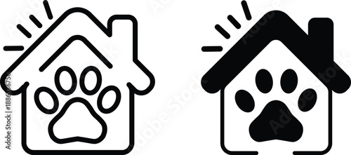 Pet shelter diagram illustrated with linear home structure and playful dog paw element