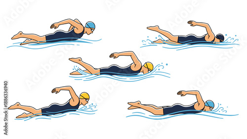 Illustrations of several people in swimming suits performing front crawl strokes in a blue water pool during a race or training.
